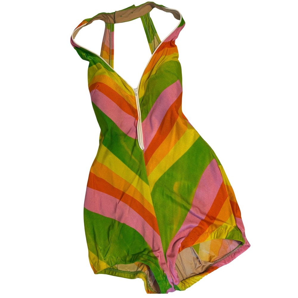 Cole of California Vintage Swimsuit Rainbow Chevron Vintage Halter Zip Womens 14